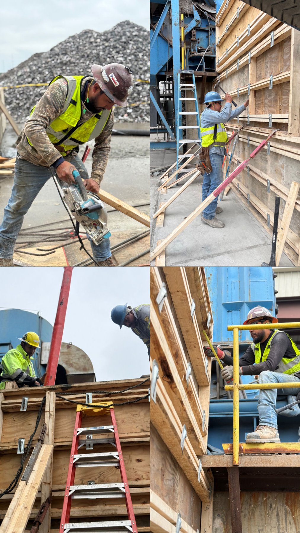TRX Construction crew on the job — concrete forms, drilling, and safety